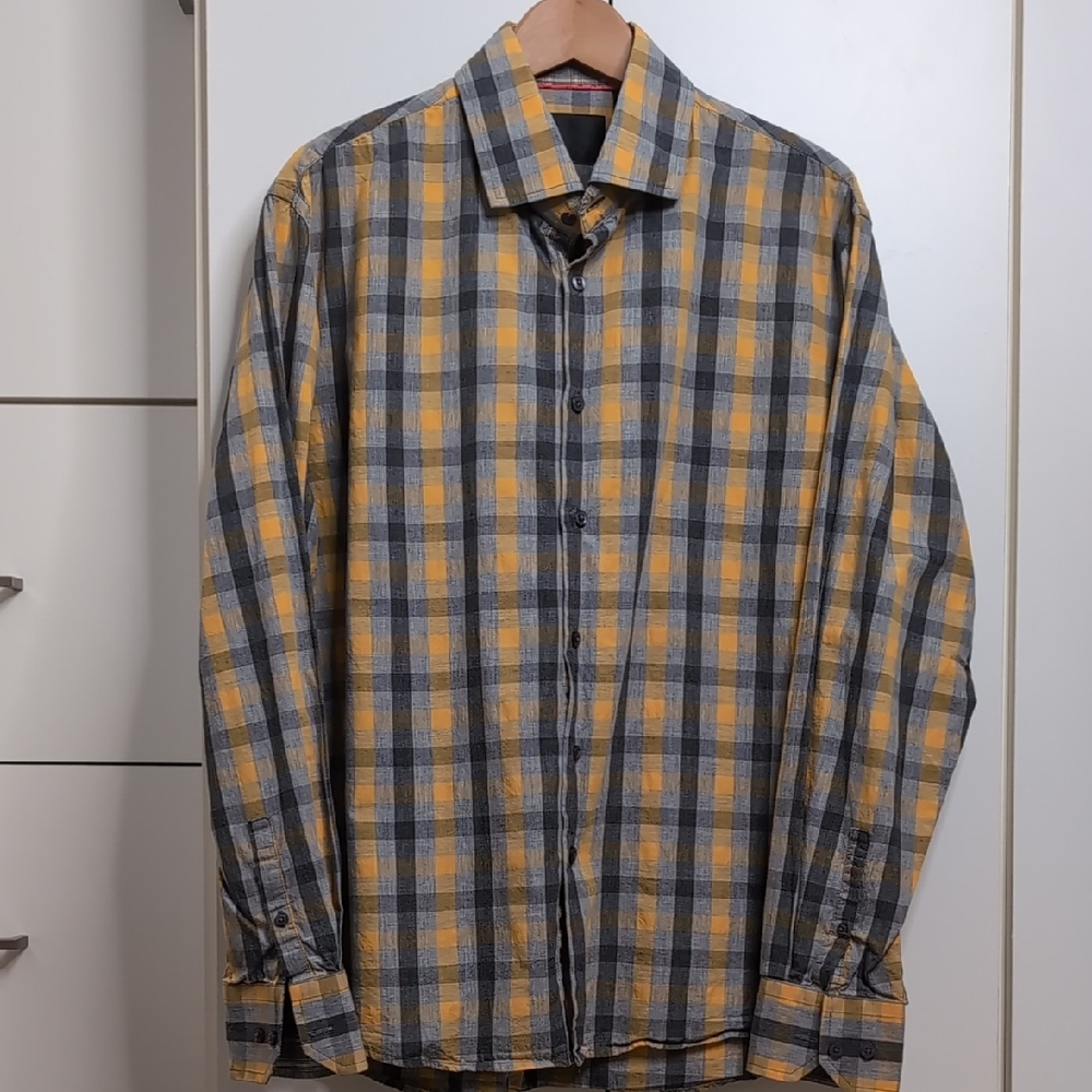 Cigar Couture Yellow Gray Check Button Up Shirt Men's XL